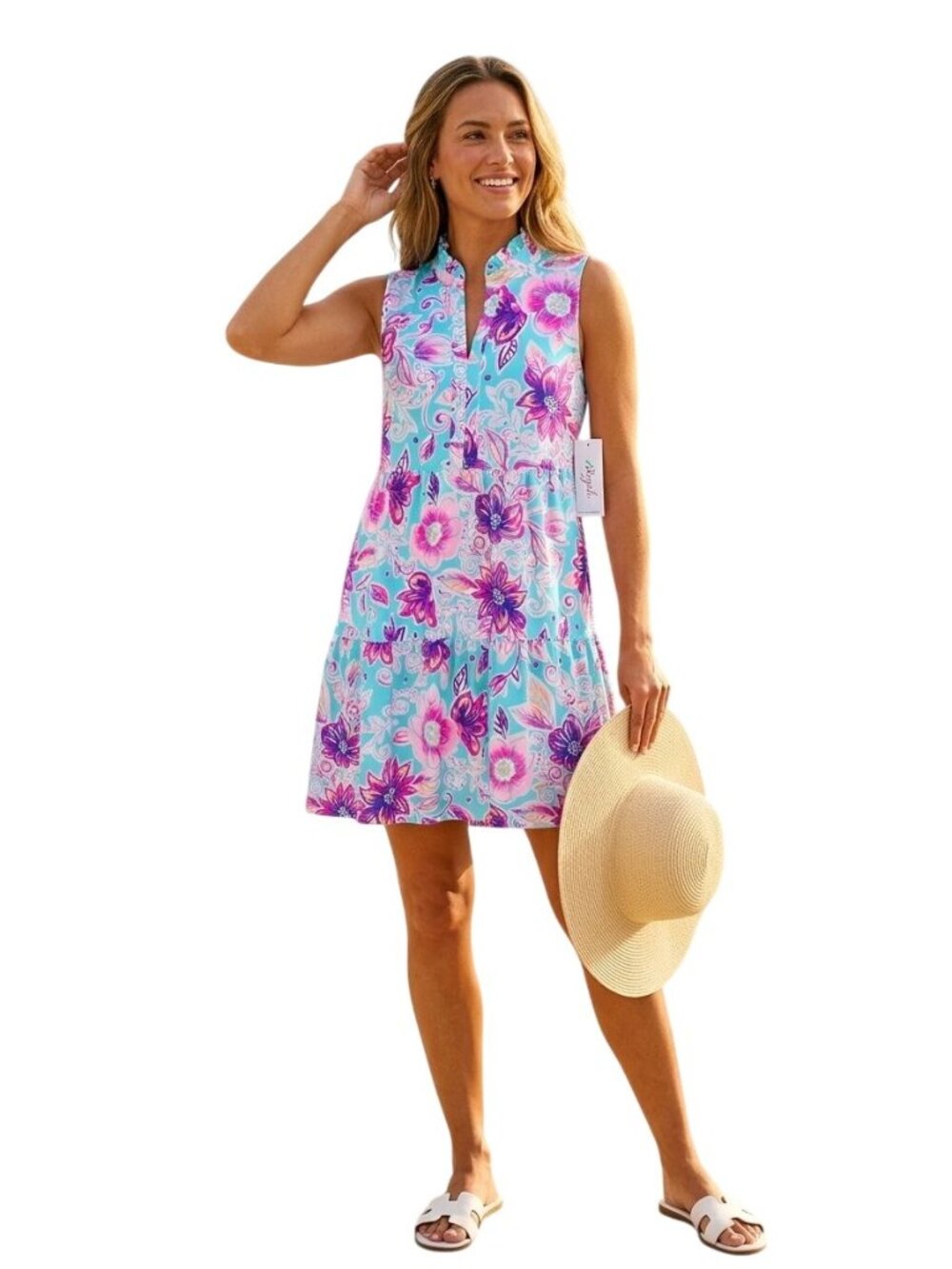Aryeh NWT Laison Dress UPF 50+ Mint Multi Ruffle Collar Sleeveless Dress Size M